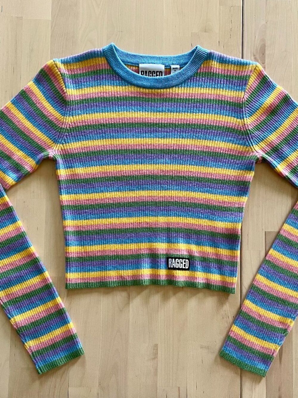 The Ragged Priest Women's Pastel Striped Cropped Long Sleeve Blouse size Small